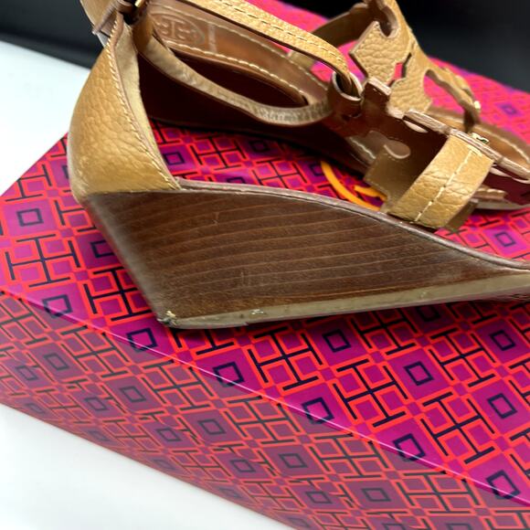 Tory Burch Logo Chandler Wedge Sandals Brown Tan Size 8 - Picture 6 of 9